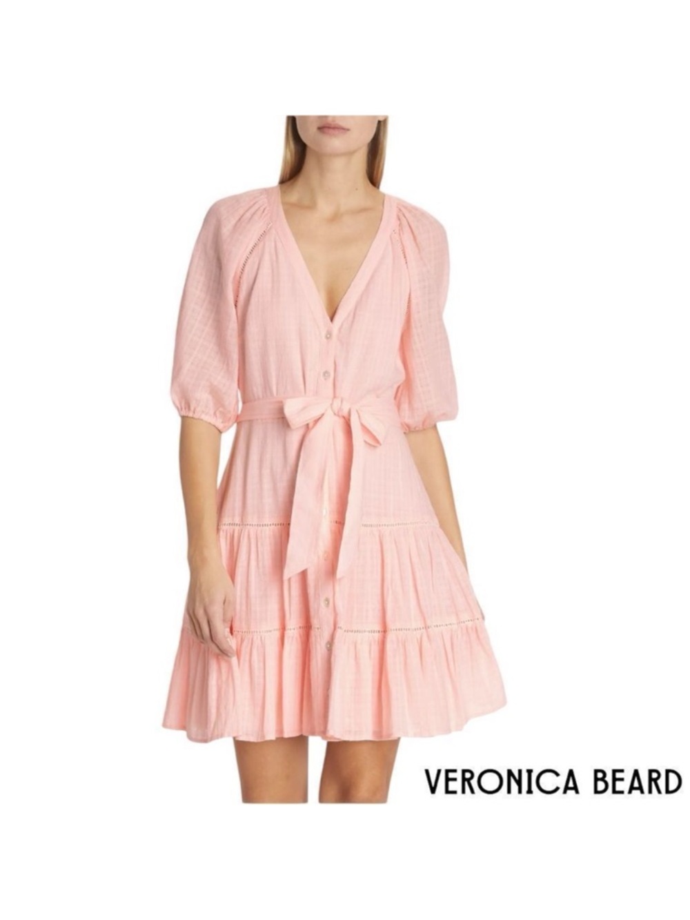 VERONICA BEARD Dewey Tiered Mini Dress Pink Haze Size 2 Tie Waist Feminine EUC